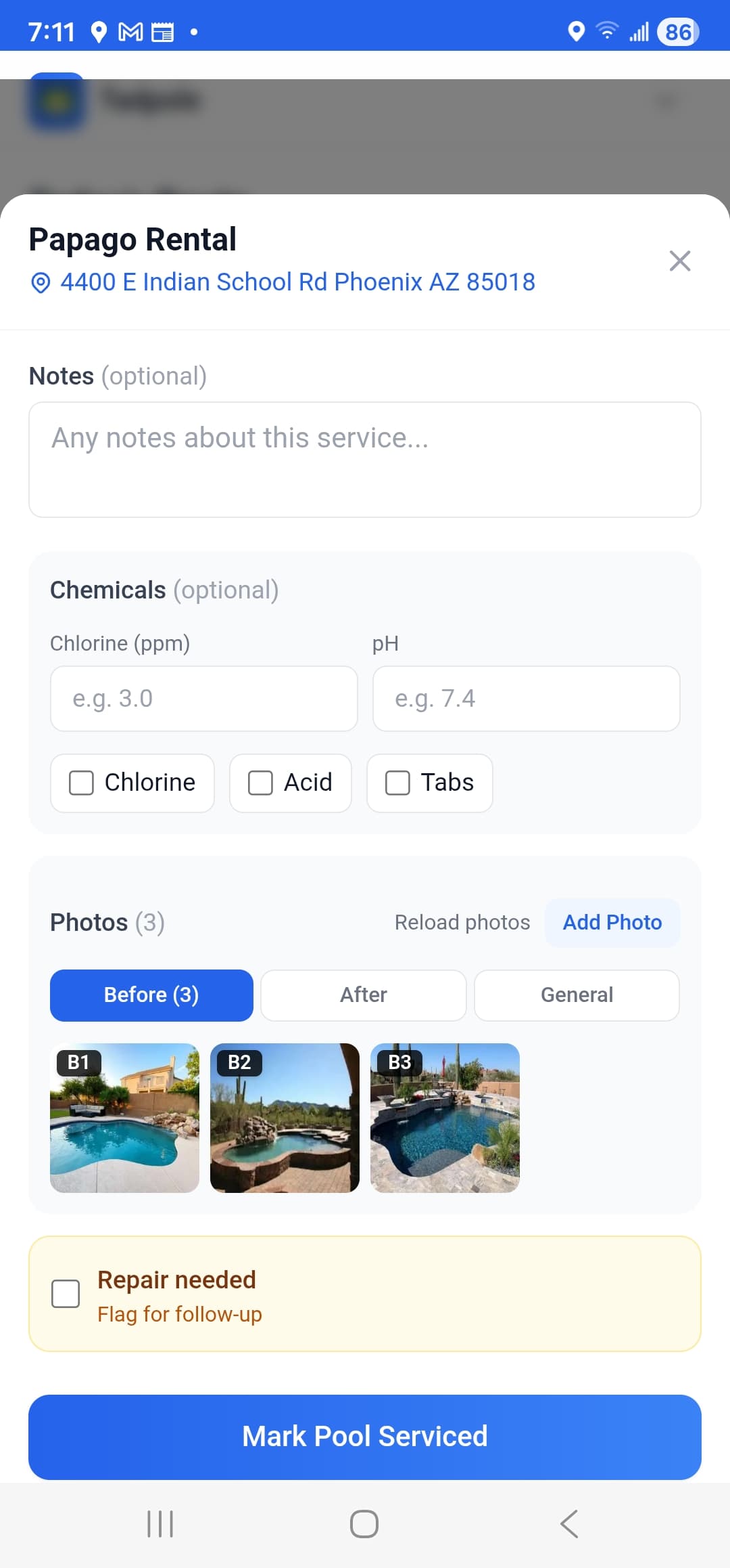 Service Modal screen