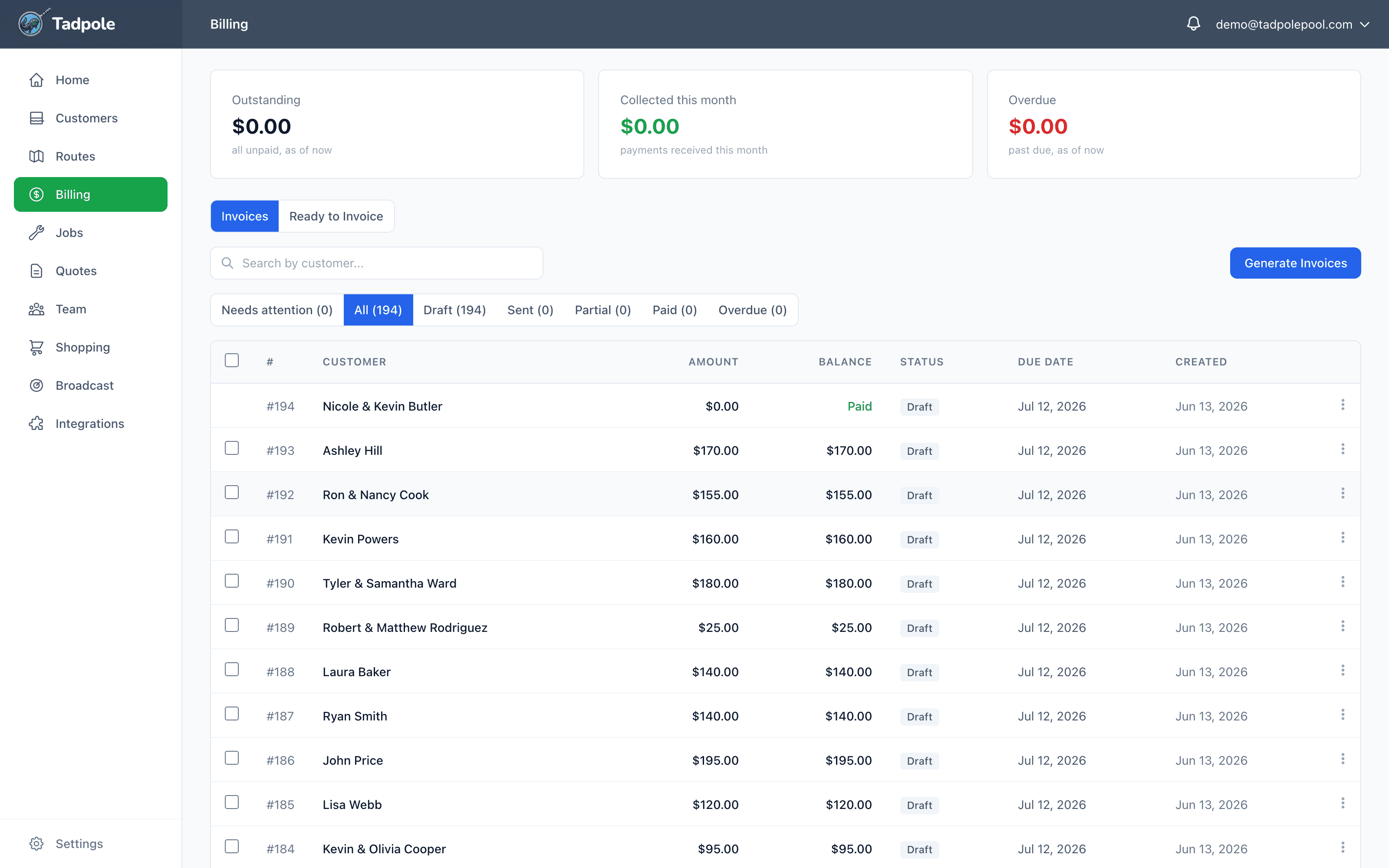 Tadpole billing dashboard with invoices, balances, and statuses
