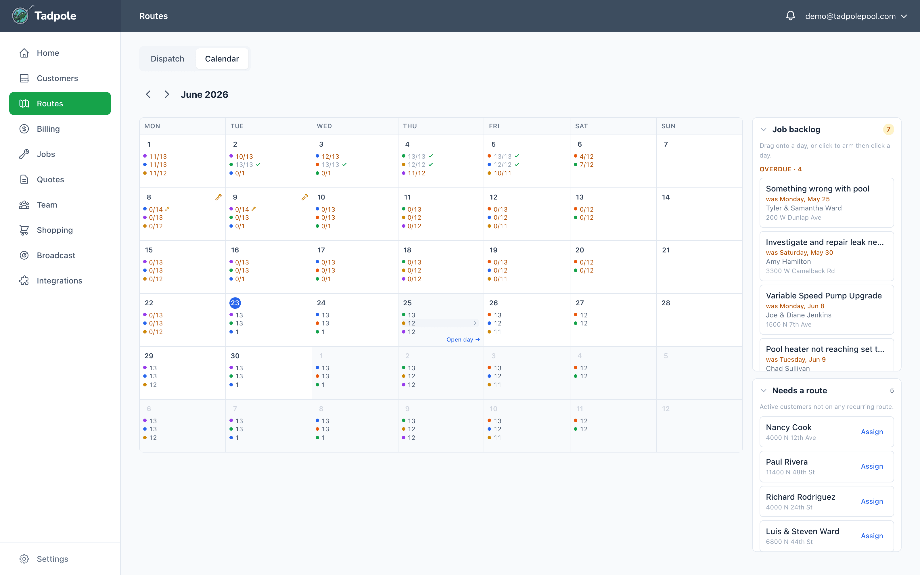 Tadpole month calendar with per-tech route loads