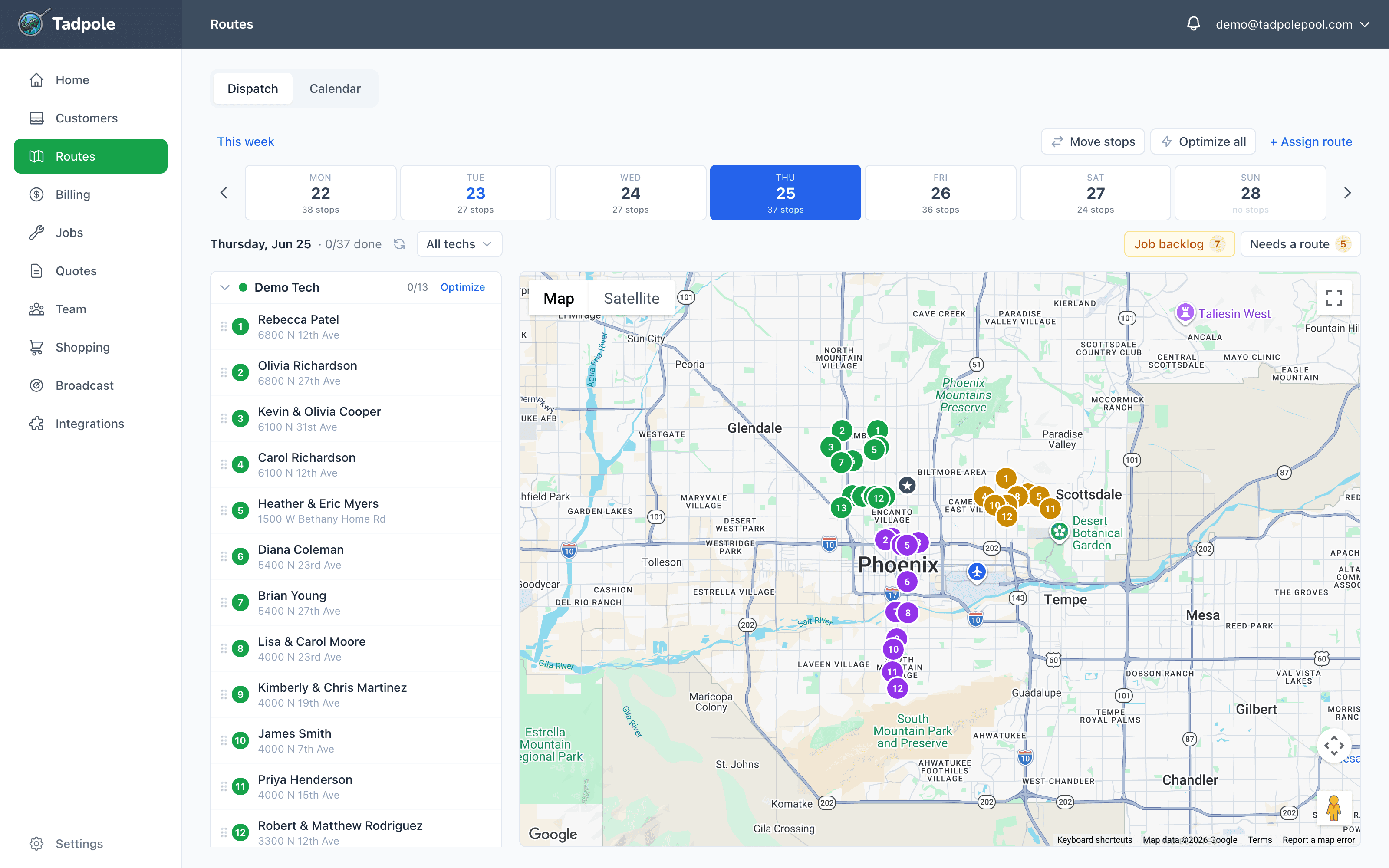 Tadpole dispatch board — per-tech route lists beside a live map with optimized routes