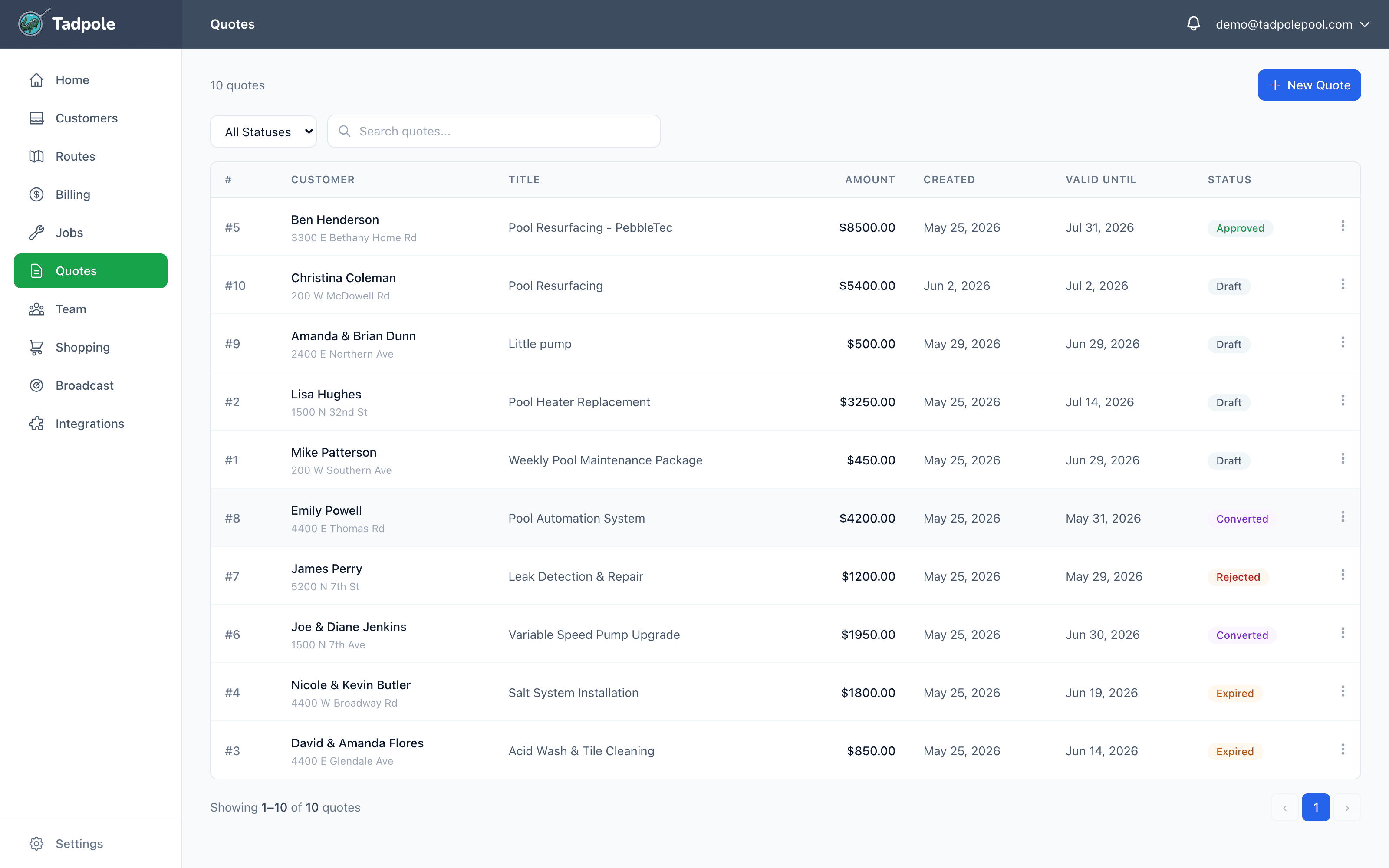 Tadpole quotes list with approved, draft, and converted statuses