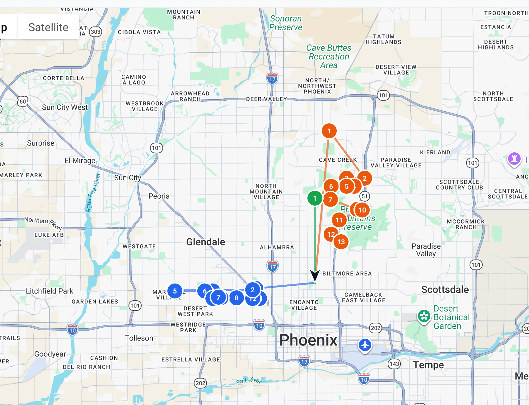 Close-up of Tadpole's live route map — numbered, color-coded stops per tech