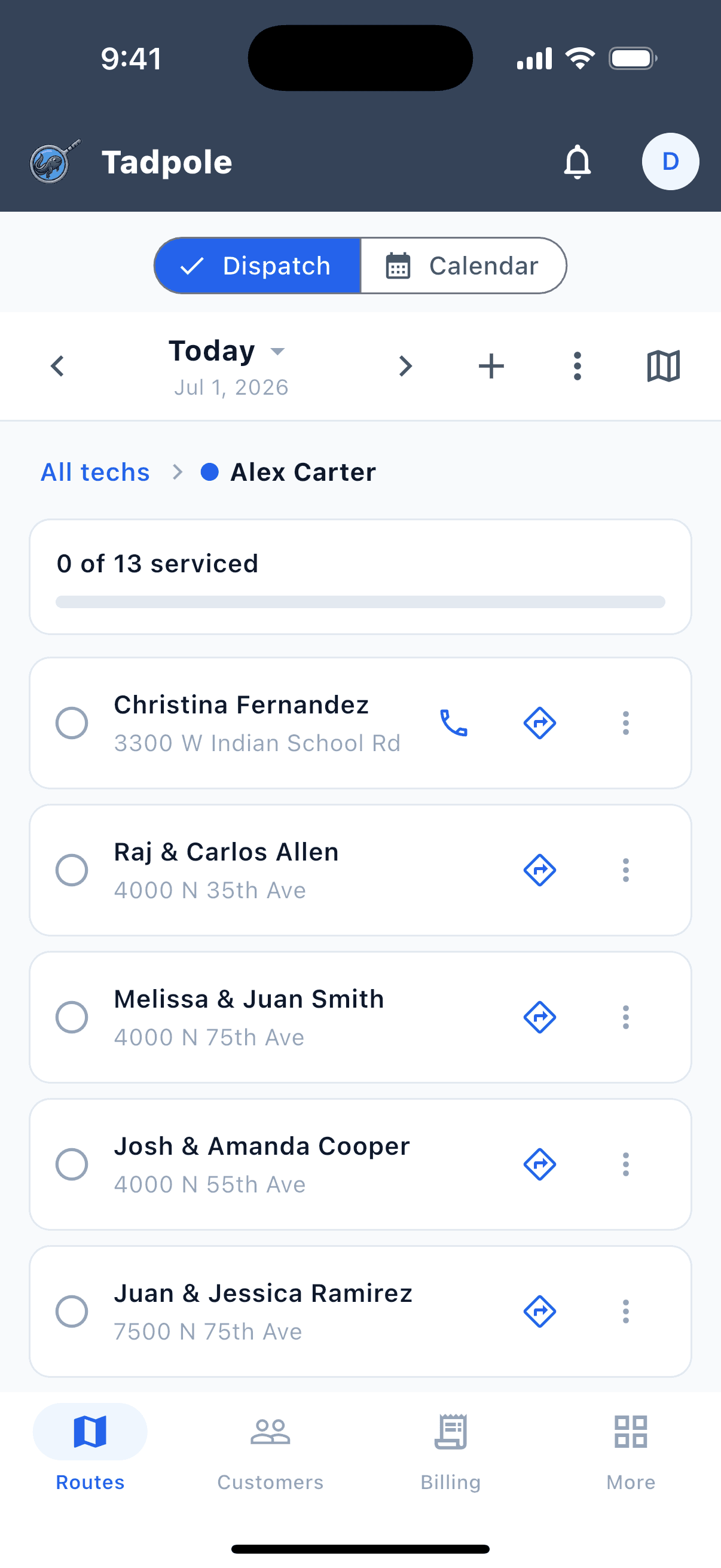 Tech app — today's route in drive order