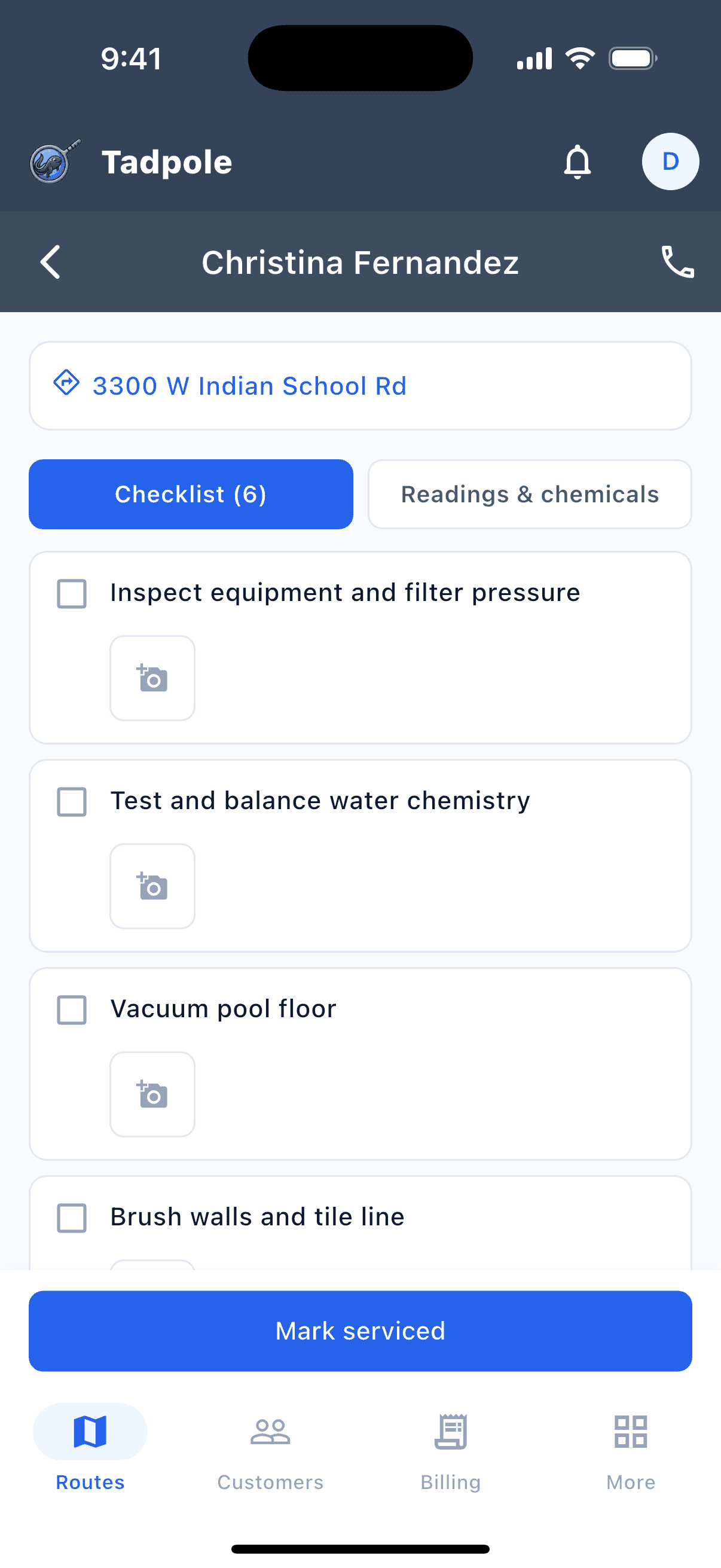 Tech app — service stop with checklist, per-item photos, and readings